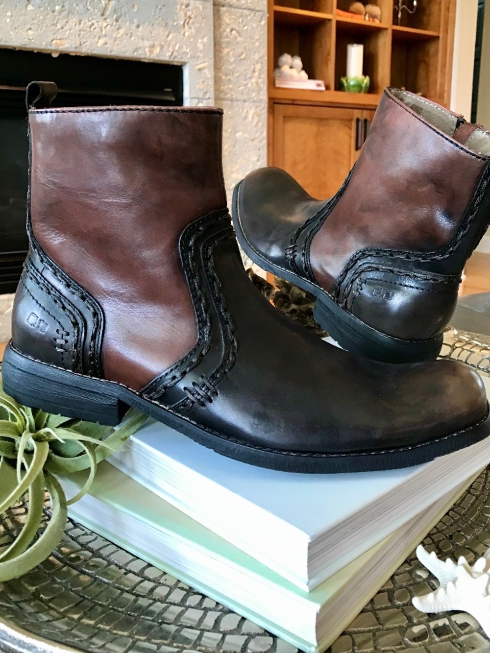 BED STU REVOLUTION TWO-TONED DISTRESSED BLACK BROWN LEATHER WESTERN GRUNGE BOOTS